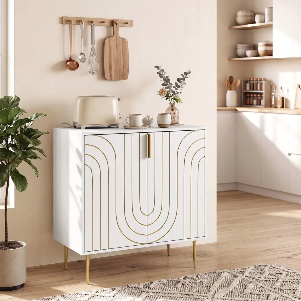 HOMCOM Modern Kitchen Cupboard with 2 Doors, Adjustable Shelf and Copper-Tone Metal Legs – Storage Cabinet, White