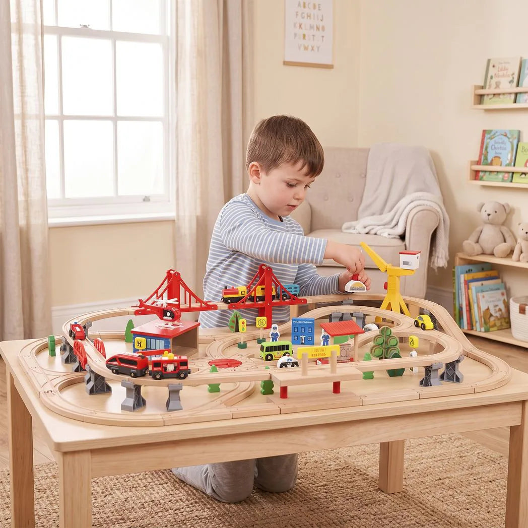 AIYAPLAY 133-Piece Wooden Train Set with Battery-Powered Engine, Crane & Storage Box – Toy Train for Ages 3+