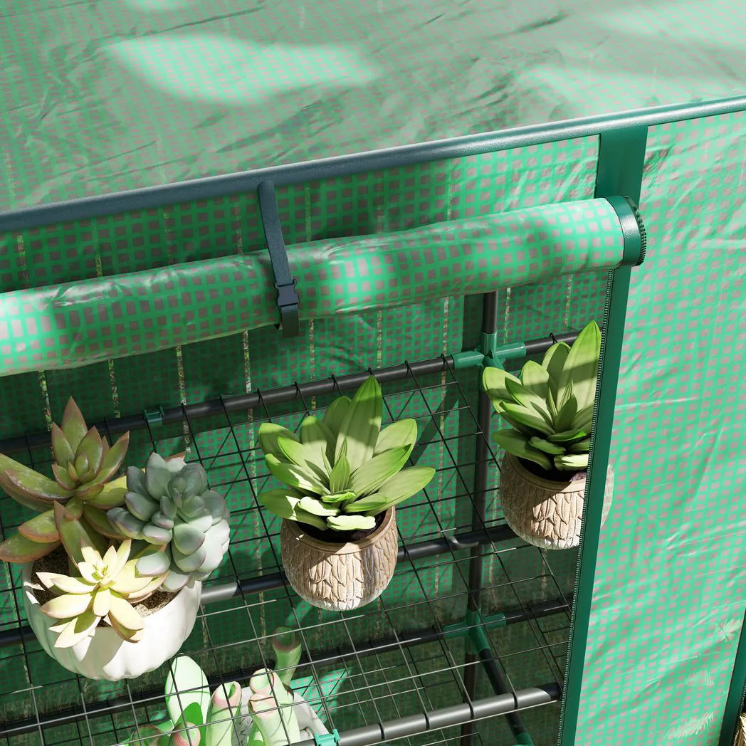 Outsunny Three-Tier Mini Greenhouse with Roll-Up Zipped Doors and 140 gsm PE Cover, Steel Frame – Green