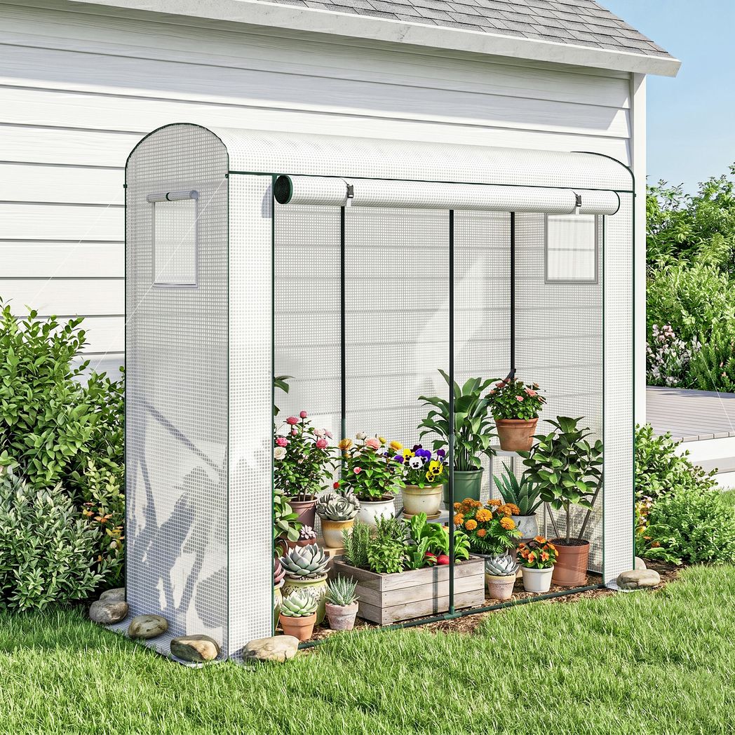 Outsunny Mini Greenhouse with Roll-Up Door & 2 Mesh Windows – Steel Frame, PE Cover, 200 x 75 x 188cm, White