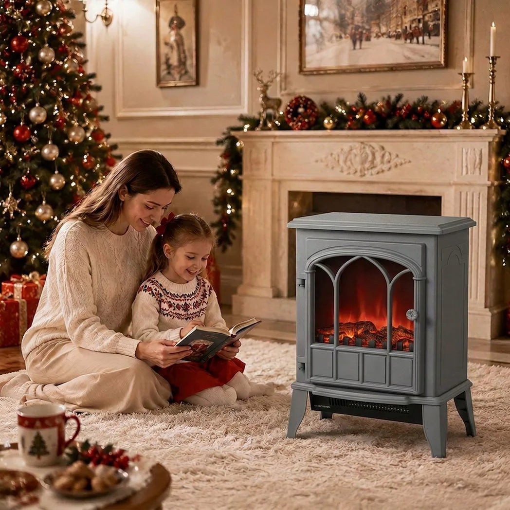 HOMCOM Freestanding Electric Fireplace with LED Flame, 1000W/2000W Log Burner and Overheat Safety, Grey