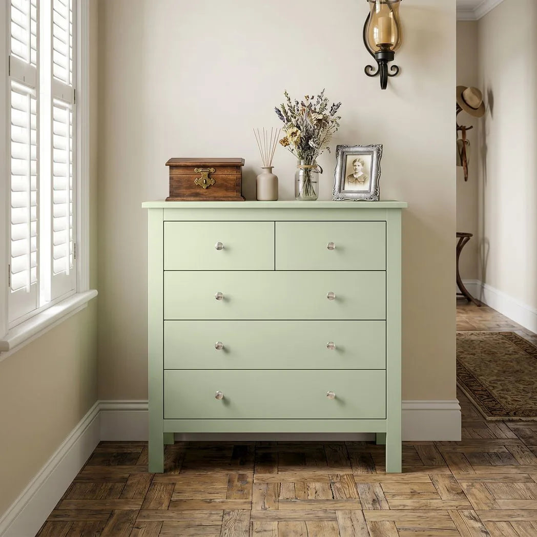 HOMCOM 5 Drawer Chest of Drawers with Glide Runners – Modern Bedroom and Hallway Storage Unit, Sage Green