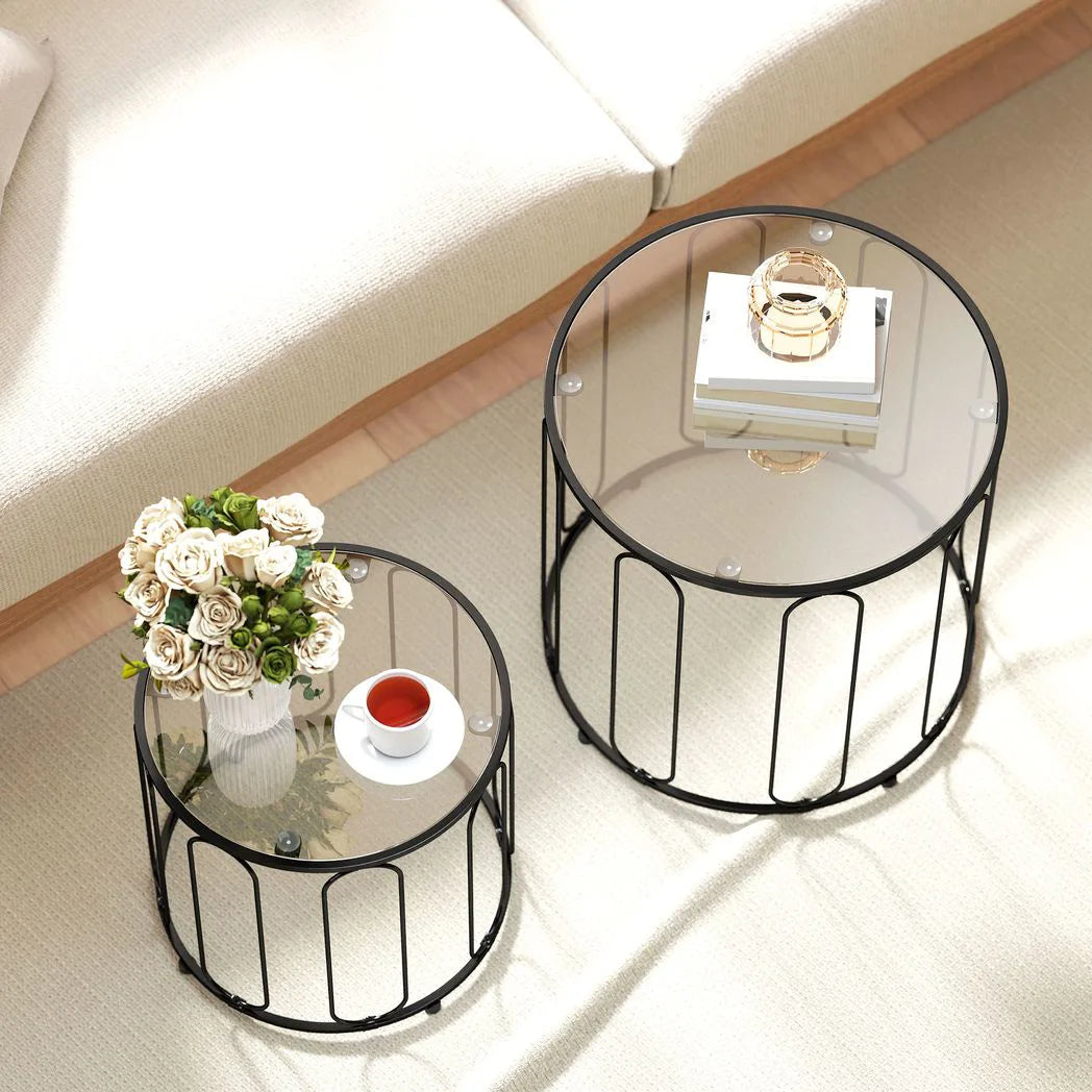HOMCOM Elliptical Cut-Out Nesting Coffee Tables, Set of 2 with Glass Tops – Sofa Side Tables, Black