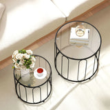 HOMCOM Elliptical Cut-Out Nesting Coffee Tables, Set of 2 with Glass Tops – Sofa Side Tables, Black