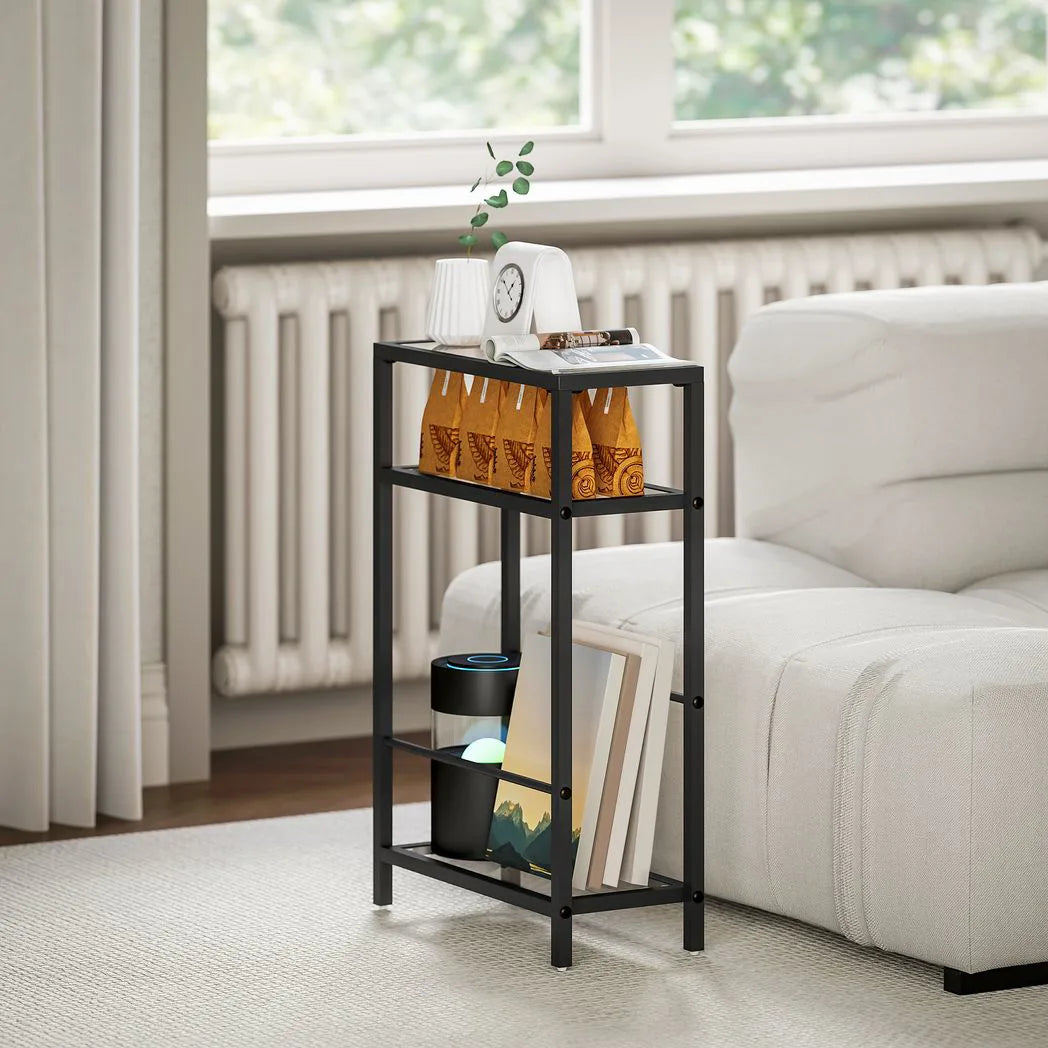 HOMCOM 3-Tier Narrow Side Table with Tempered Glass Shelves – Slim End Table for Small Spaces, Black