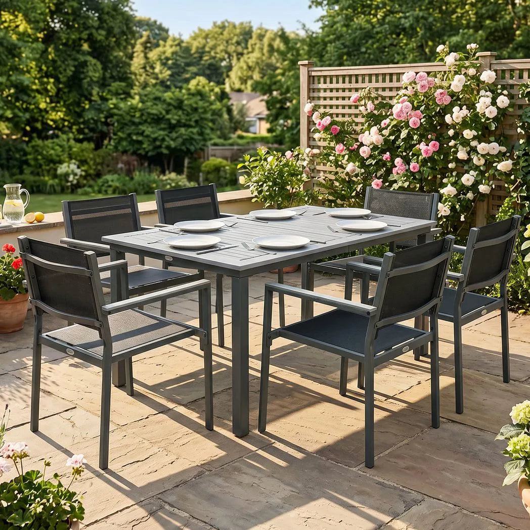 Outsunny 7-Piece Garden Dining Set for 6 with Acacia Wood Table & Stackable Texteline Chairs, Grey