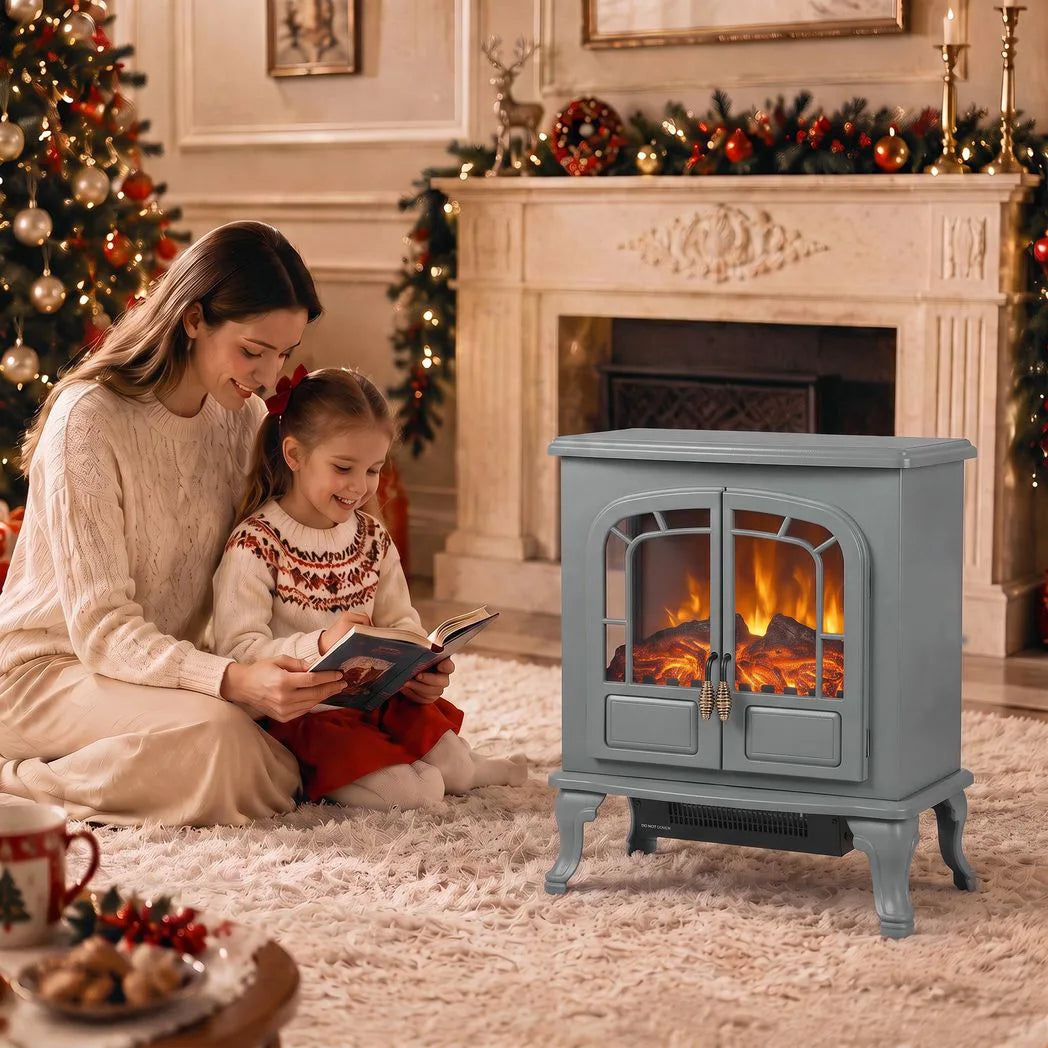 HOMCOM Freestanding Electric Fireplace Stove with LED Flame, 1000W/2000W Heater and Double Doors, Grey