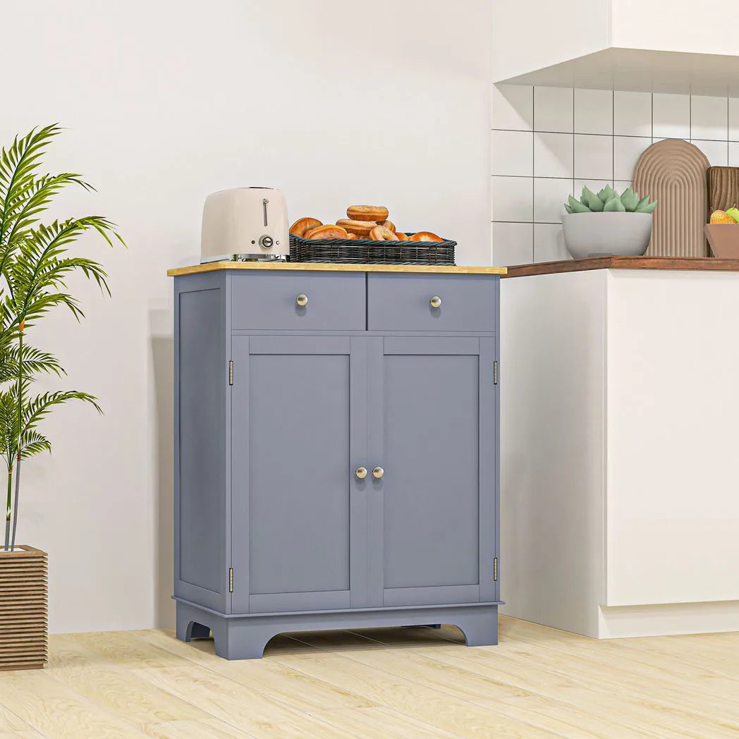 HOMCOM Kitchen Sideboard with Solid Wood Top, Adjustable Shelf & Drawers – Floor Storage Cabinet, Grey