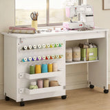 HOMCOM Folding Sewing Table with Storage, Shelf and Lockable Casters – Rolling Craft Table for Small Spaces, White