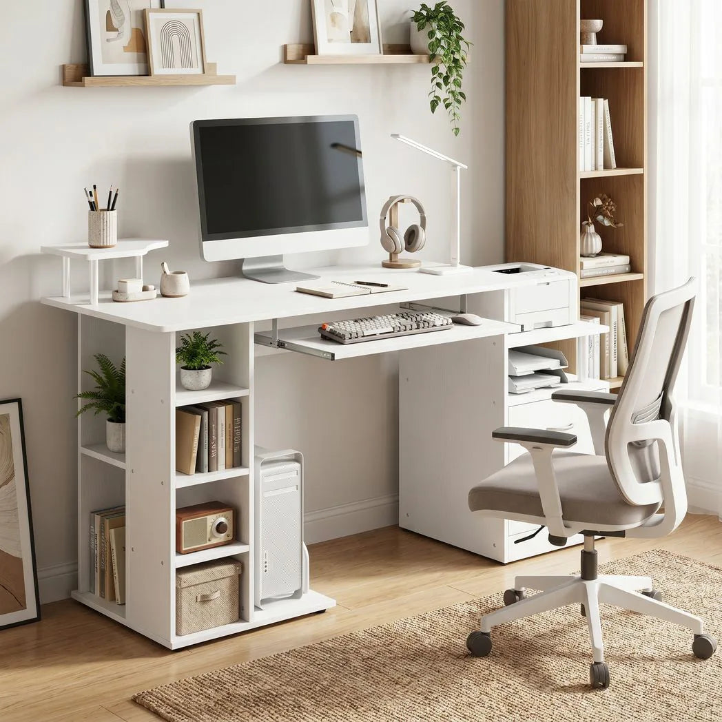 HOMCOM Computer Desk with Drawer, 4-Tier Shelves and Keyboard Tray – CPU Stand Home Office Desk, White