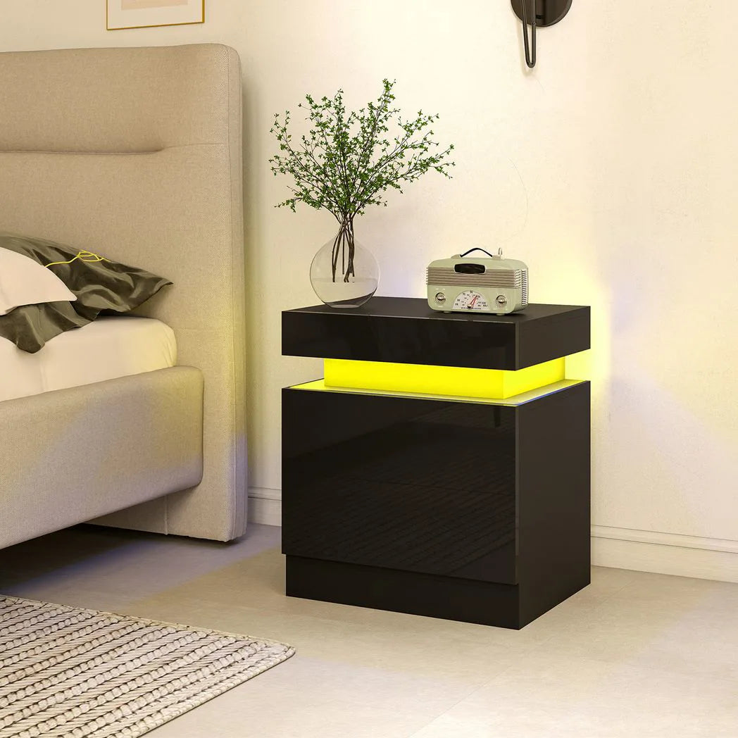 HOMCOM Set of 2 Bedside Tables with LED Light & 2 Drawers – High Gloss Nightstands for Bedroom, Black
