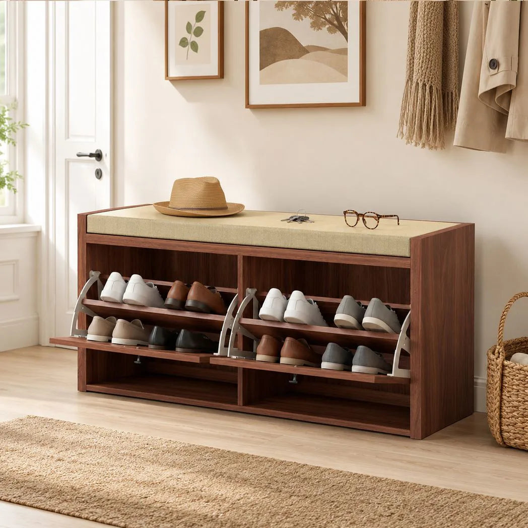 HOMCOM Rattan Shoe Bench with Padded Cushion and 2 Storage Cabinets – Brown, 108 cm