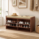 HOMCOM Rattan Shoe Bench with Padded Cushion and 2 Storage Cabinets – Brown, 108 cm