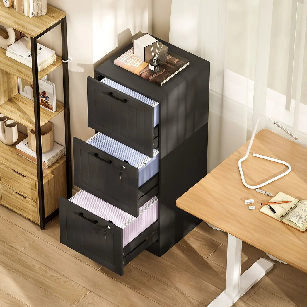 HOMCOM 3 Drawer Lockable Filing Cabinet with Adjustable Hanging Bars for A4 & Letter Files, Black