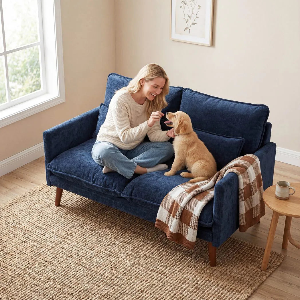 HOMCOM 2 Seater Loveseat Sofa with Pocket Spring Cushions, Wide Deep Seat & Rubberwood Legs – Velvet-Feel, Blue