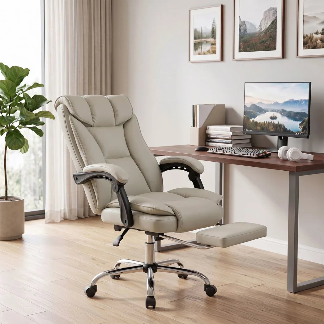 HOMCOM Pet-Friendly Faux Leather Executive Office Chair with Footrest and Double-Layer Padding, Khaki