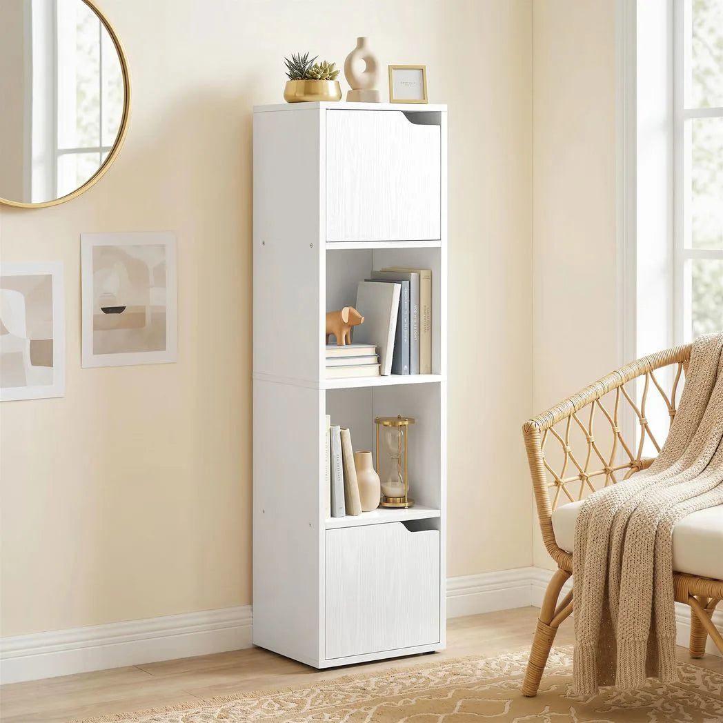 HOMCOM Narrow 4-Tier Bookcase with Doors and Open Shelves, 30cm Slim Storage Cabinet – Living Room, White