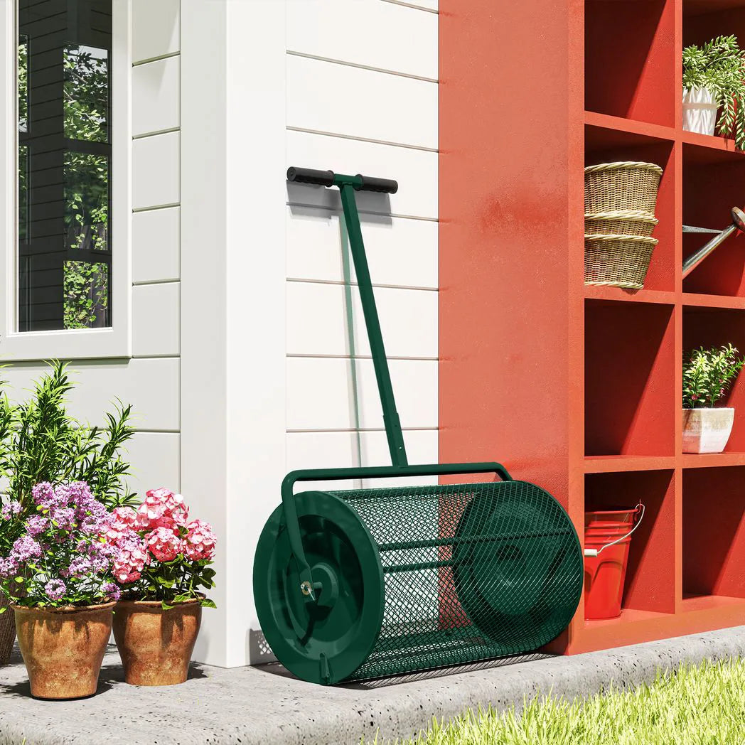 Outsunny 24" Compost Spreader with 75L Mesh Basket & Adjustable T-Handle – Peat Moss & Seed Garden Roller, Green