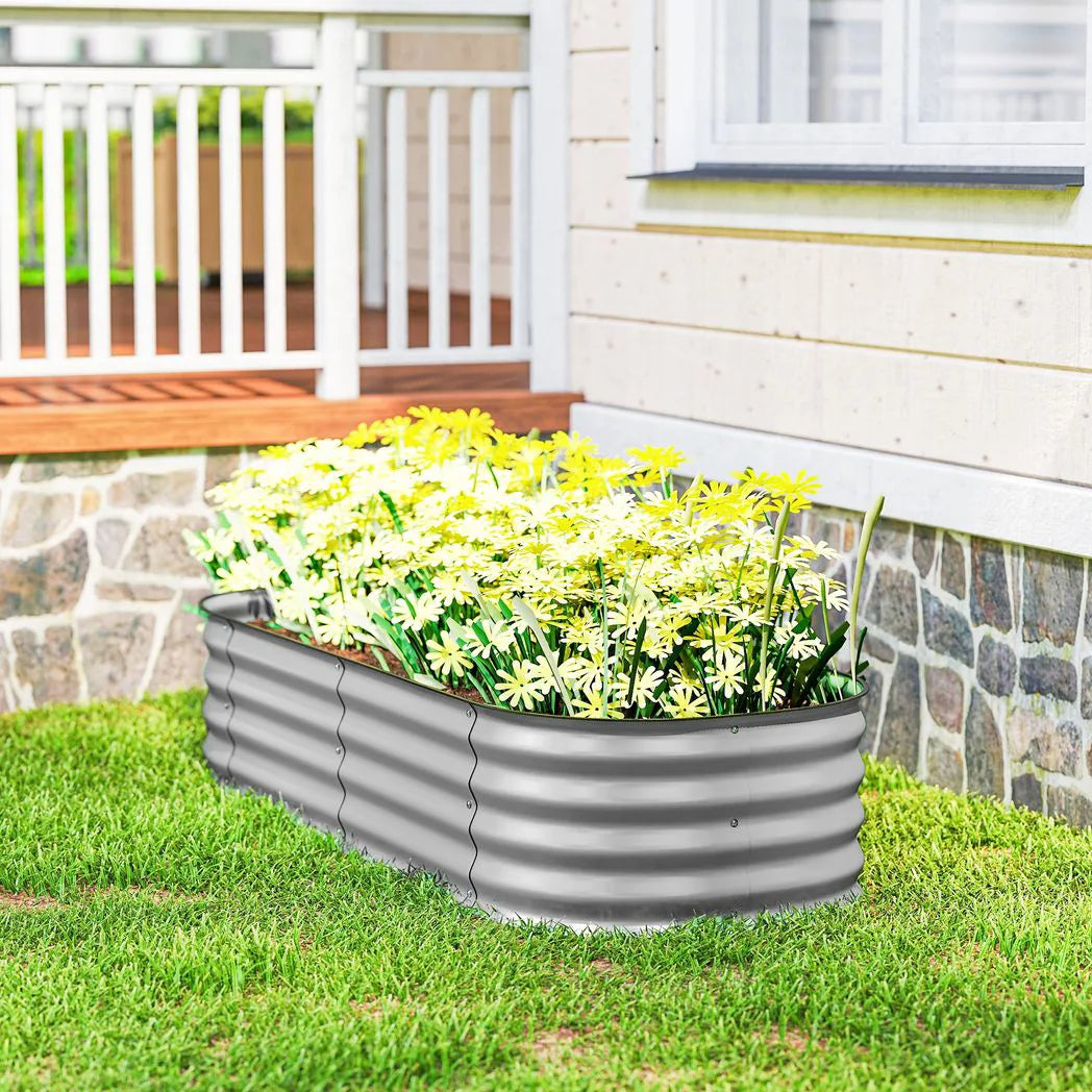 Outsunny Galvanised Steel Raised Garden Bed with Safety Edging, 150 x 62cm – Flowers and Herbs, Silver