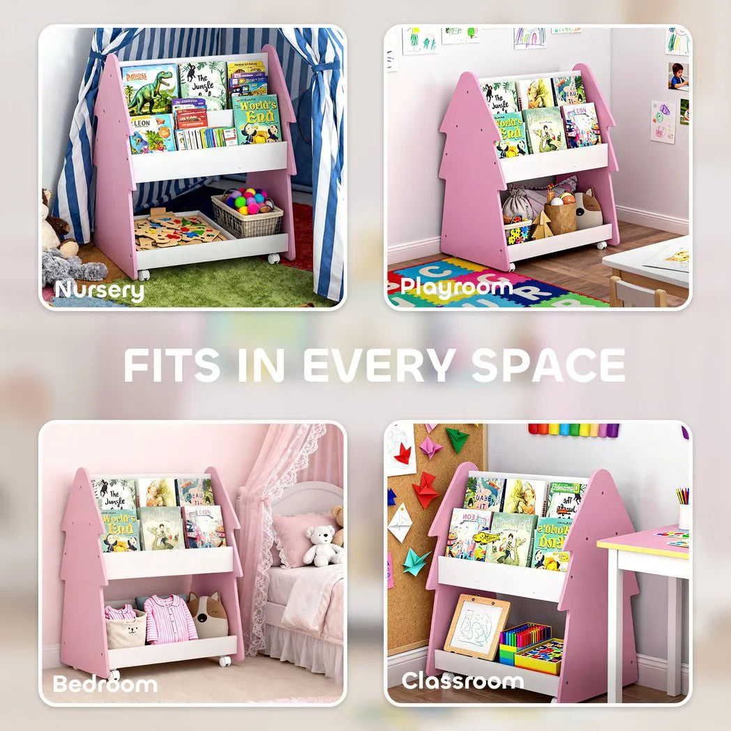 AIYAPLAY Kids Bookshelf with Toy Storage, Double-Sided 3-Tier Bookcase on Wheels – Bedroom Book Rack, Pink