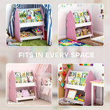 AIYAPLAY Kids Bookshelf with Toy Storage, Double-Sided 3-Tier Bookcase on Wheels – Bedroom Book Rack, Pink