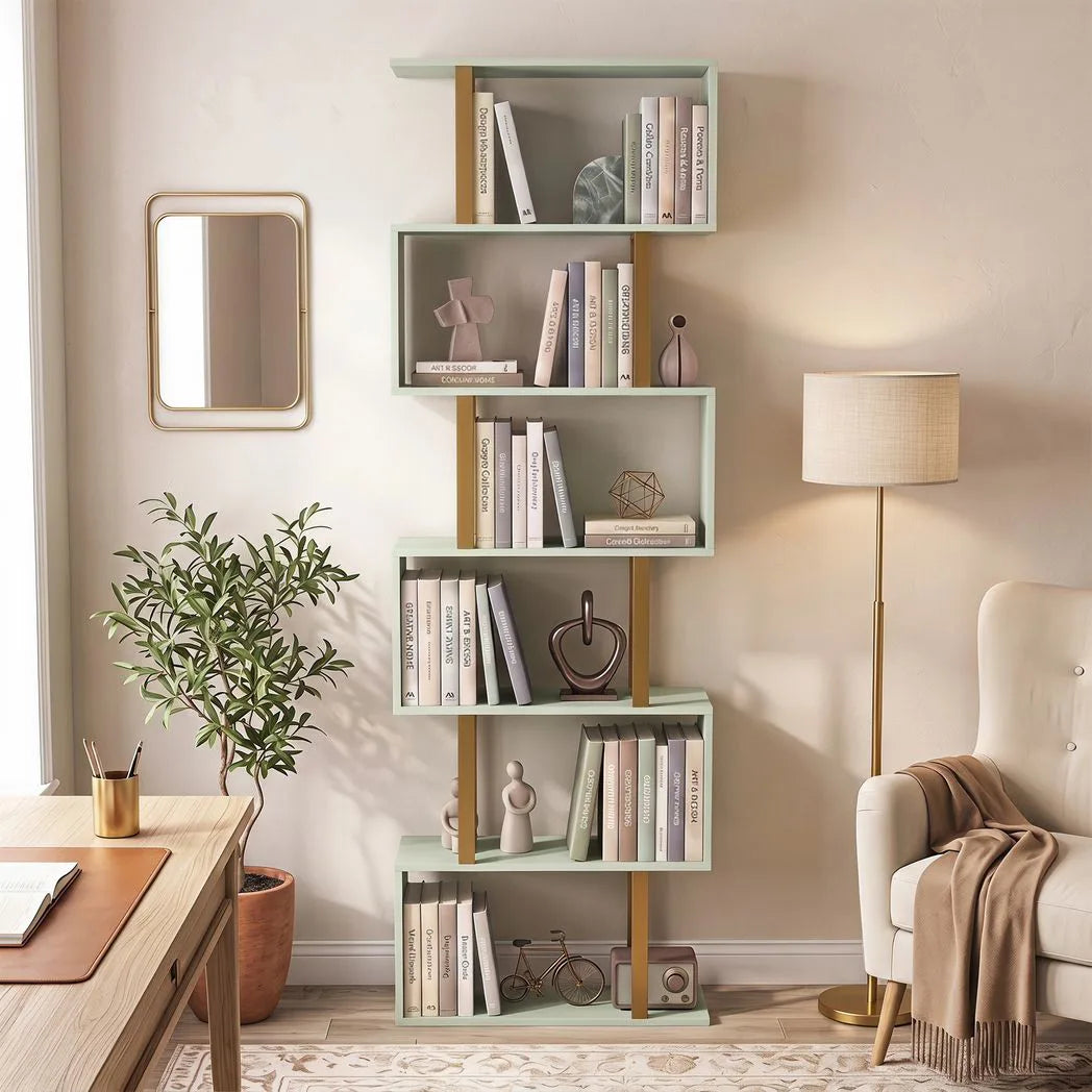 HOMCOM S-Shaped 6-Tier Bookshelf with Anti-Tip Strap – Freestanding Open Display Shelves for Living Room, Light Green
