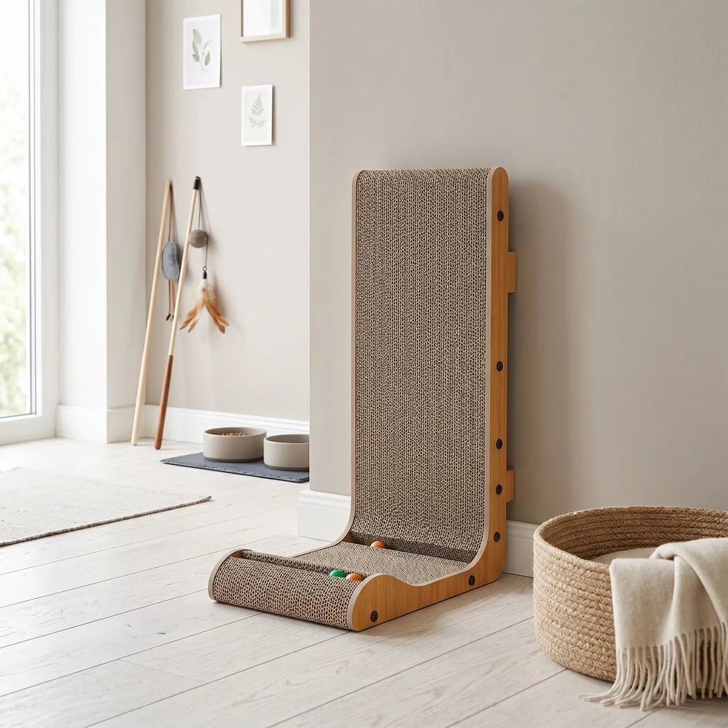 PawHut Wall-Leaning Cat Scratching Board with Corrugated Paper, 3 Toy Balls and Catnip, 39 x 23.5 x 57.5 cm, Brown