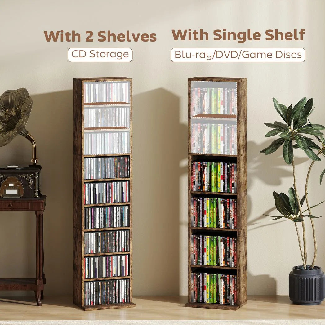 HOMCOM Narrow CD Storage Tower for 260 CDs or 120 DVDs with Adjustable Shelves – Rustic Brown
