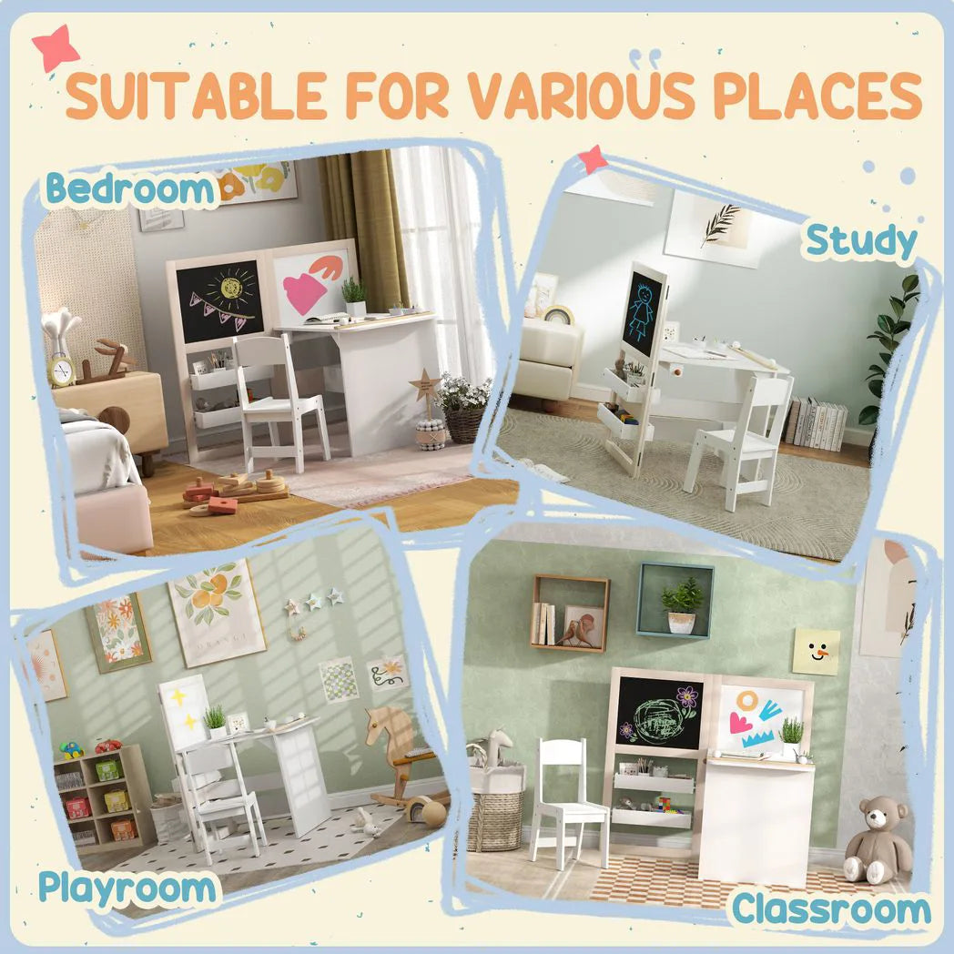 AIYAPLAY 3-in-1 Kids Table and Chair Set with Storage, Whiteboard and Blackboard – Ages 3-8, White