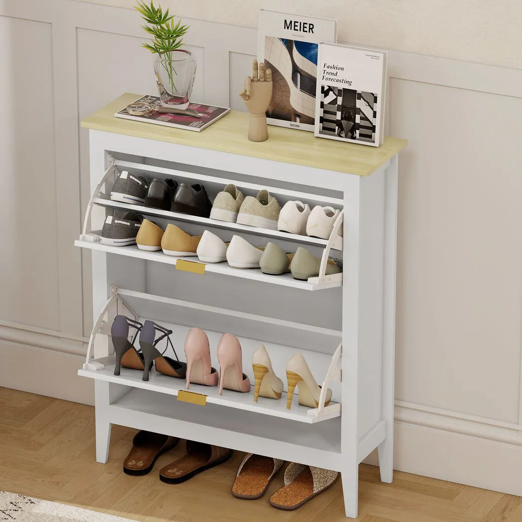 HOMCOM Boho Slim Shoe Cabinet with 2 Flip Drawers and Rattan Doors – Holds 14 Pairs, White