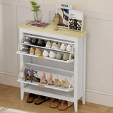 HOMCOM Boho Slim Shoe Cabinet with 2 Flip Drawers and Rattan Doors – Holds 14 Pairs, White