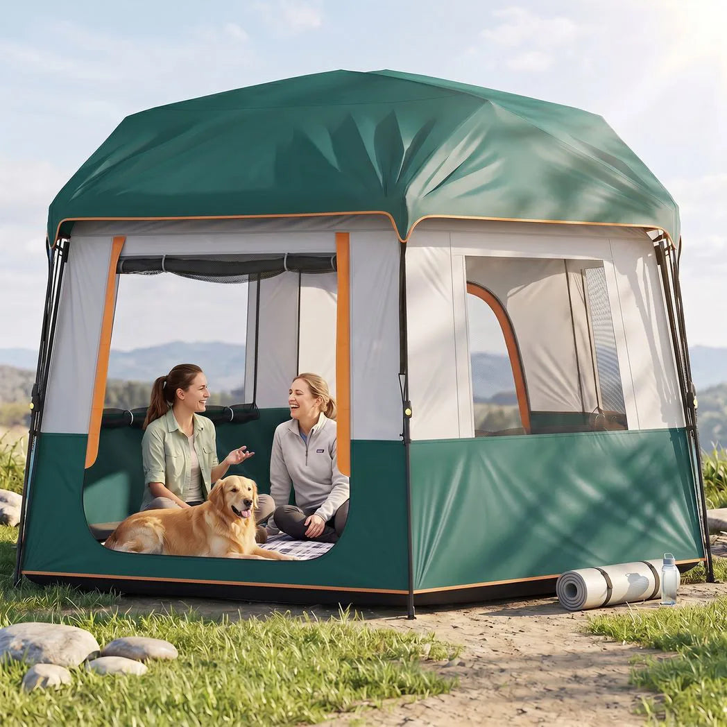 Outsunny 4 Person Cabin Tent with Removable Roof & Easy Setup Frame – 3000mm Waterproof Camping Tent, Green