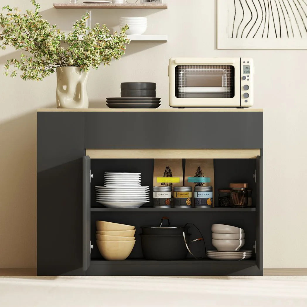 HOMCOM Kitchen Island Storage Cabinet with Adjustable Shelf, 2 Drawers and 3 Open Shelves – Dining Buffet, Black
