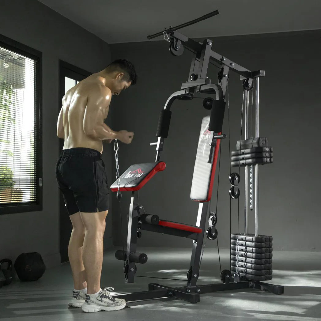 HOMCOM Multi Gym Station with 65 kg Weight Stack, Chest Press, Pulleys & Leg Extension – Home Gym, Black