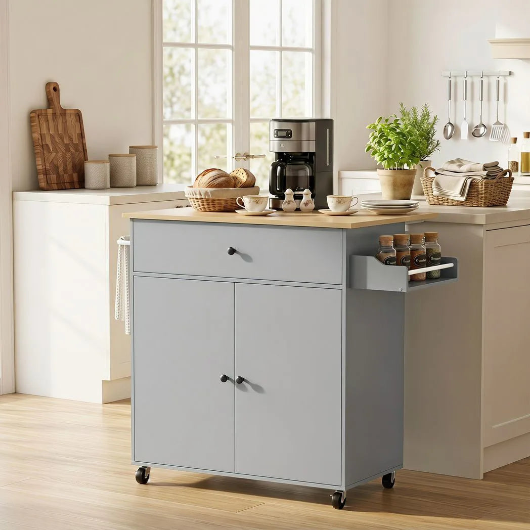 HOMCOM Rolling Kitchen Island with Drop Leaf, Drawer, Spice Rack and Towel Rack – Kitchen Storage Trolley, Grey