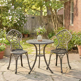 Outsunny 3 Piece Aluminium Bistro Set – Garden Table and 2 Chairs with Floral Cut-Out Design, Brown