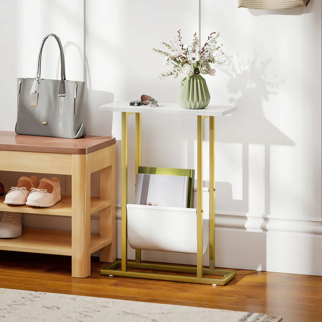 HOMCOM Narrow Side Table with Fabric Shelf – Slim Two-Tier End Table for Bedroom, White Marble Effect
