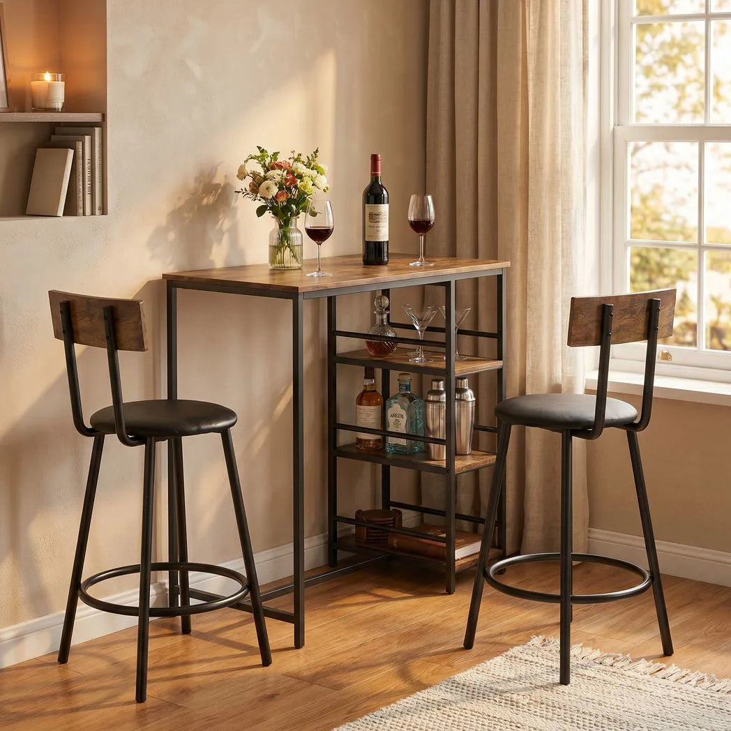 HOMCOM 3-Piece Bar Table and PU Leather Stools Set with Storage Shelves – Breakfast Bar for 2, Rustic Brown