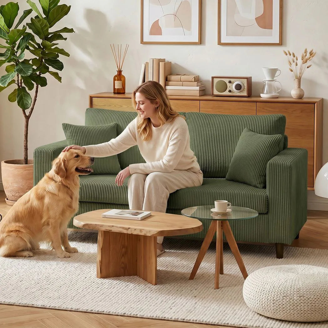 HOMCOM Corduroy 2 Seater Sofa with Wide Seat and Pocket Spring Cushions – Loveseat Couch, Green