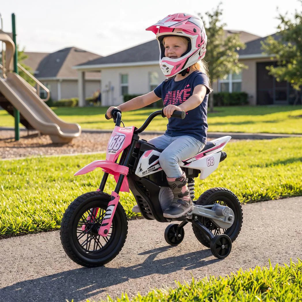 AIYAPLAY Kids 12V Electric Motorcycle with Training Wheels, Soft Start, Rear Suspension & Music – Ages 3-6, Pink