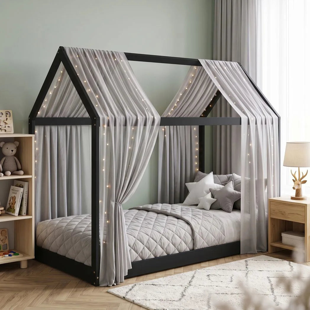 HOMCOM Single Bed Frame with House-Shaped Design – Scandinavian Solid Pine Wood for 90 x 190 cm Mattress
