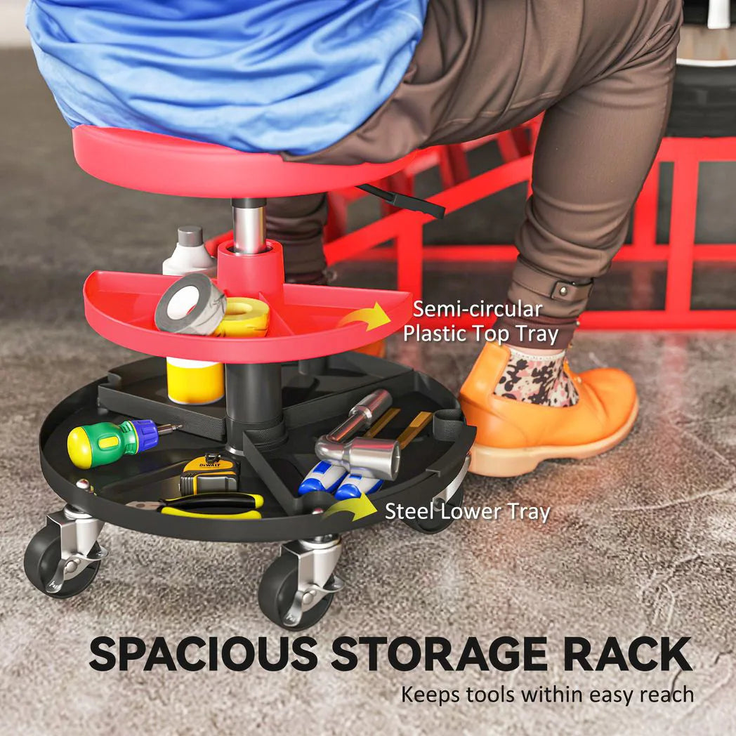 HOMCOM Rolling Mechanic Stool with 360° Swivel Wheels, Padded Seat and Tool Trays, 135kg – Garage Workshop Seat, Red