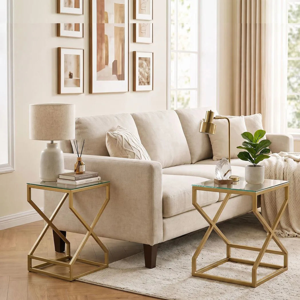 HOMCOM Nest of 2 Tables with Tempered Glass Tops and Golden Legs – Side and Coffee Table Set, Transparent