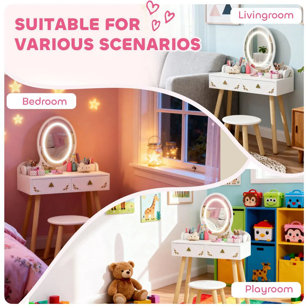 AIYAPLAY Kids Vanity Table and Chair Set with 3-Colour LED Mirror & Drawers – 2-in-1 Dressing Table & Desk, White
