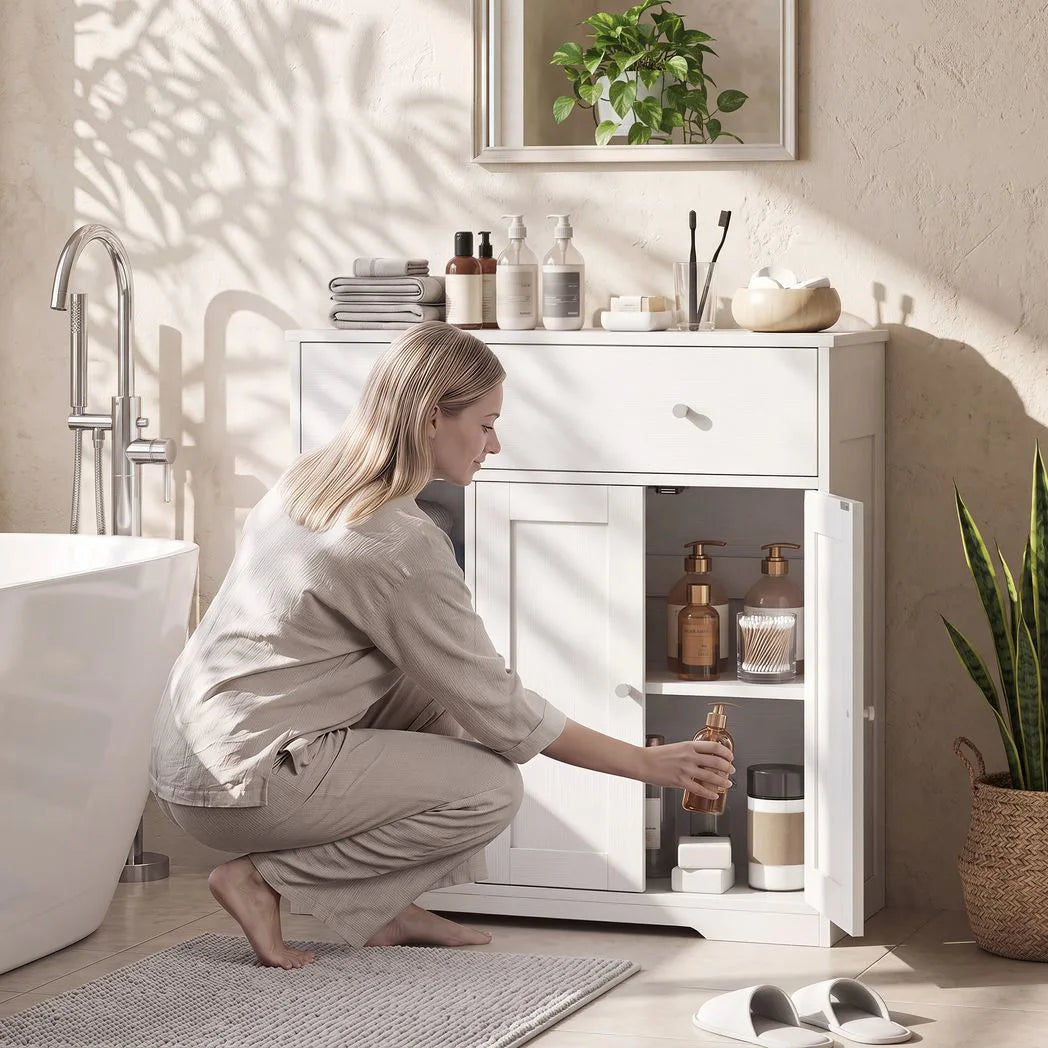 HOMCOM Freestanding Bathroom Floor Cabinet with Drawer, Double Doors and Open Shelves – Nordic Storage Unit, White