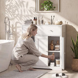 HOMCOM Freestanding Bathroom Floor Cabinet with Drawer, Double Doors and Open Shelves – Nordic Storage Unit, White