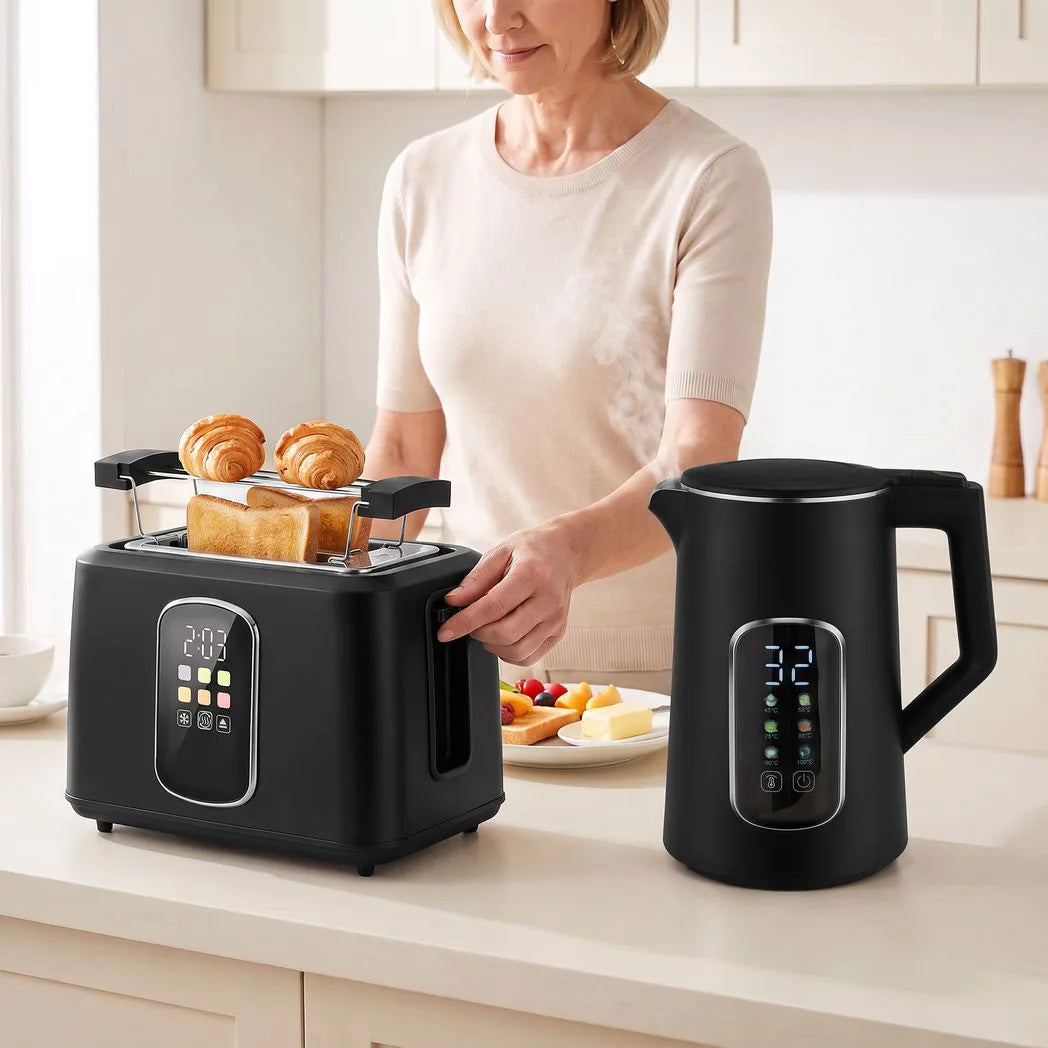HOMCOM Kettle and Toaster Set with LED Touch Screen – Strix Kettle and 2-Slice Toaster, Black