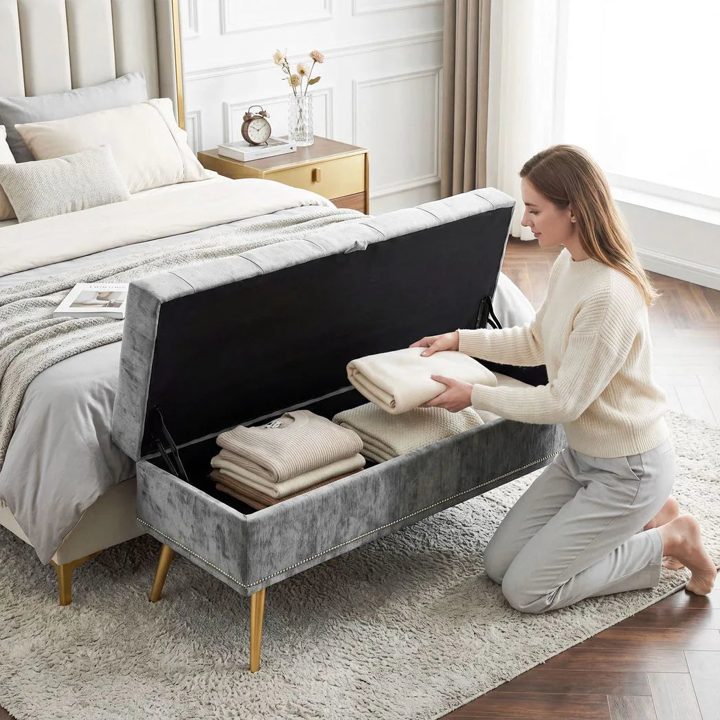 HOMCOM Chenille Storage Ottoman Bench with Padded Seat and Metal Legs, 114 x 41 x 45cm – End of Bed Seat, Grey