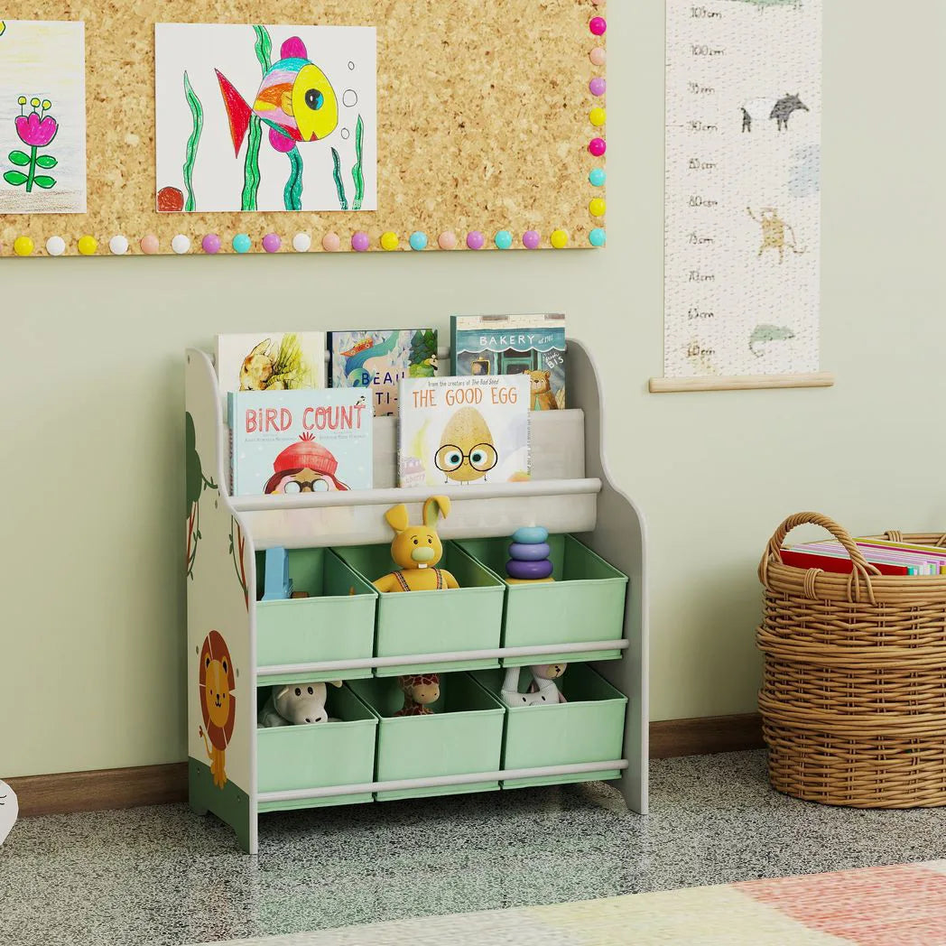 AIYAPLAY Kids Storage Unit with 6 Fabric Drawers and 2-Tier Sling Book Rack – Toy Organiser, Green