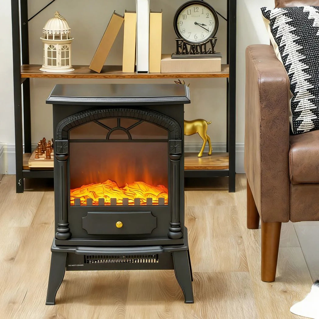 HOMCOM Freestanding Electric Fireplace Stove Heater with 3D Flame Effect, 1000W/2000W – Black